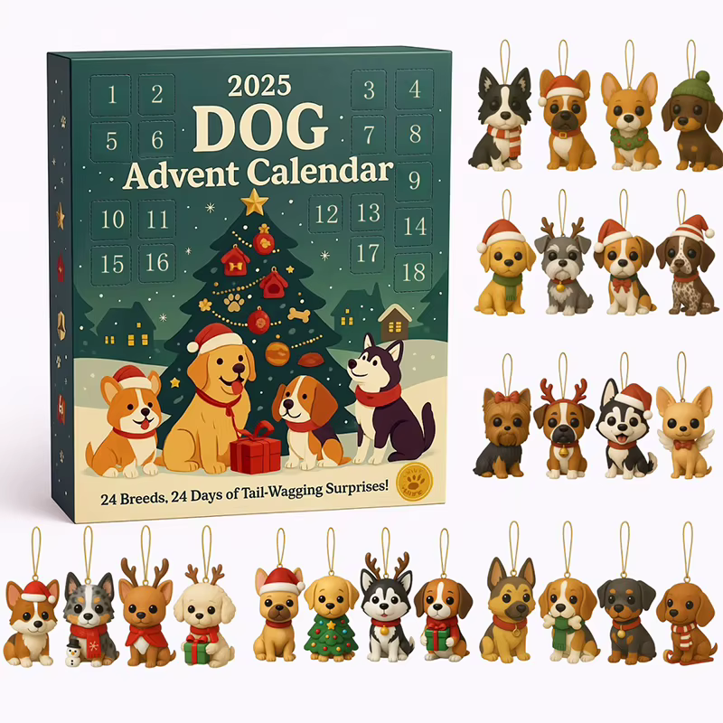 Calendrier de l'Avent pour chien, 2025 à 24 pièces, ornements de races festives 2D, calendrier de l'avent pour animaux de compagnie avec ornements réutilisables, idée pour l'amour des chiens