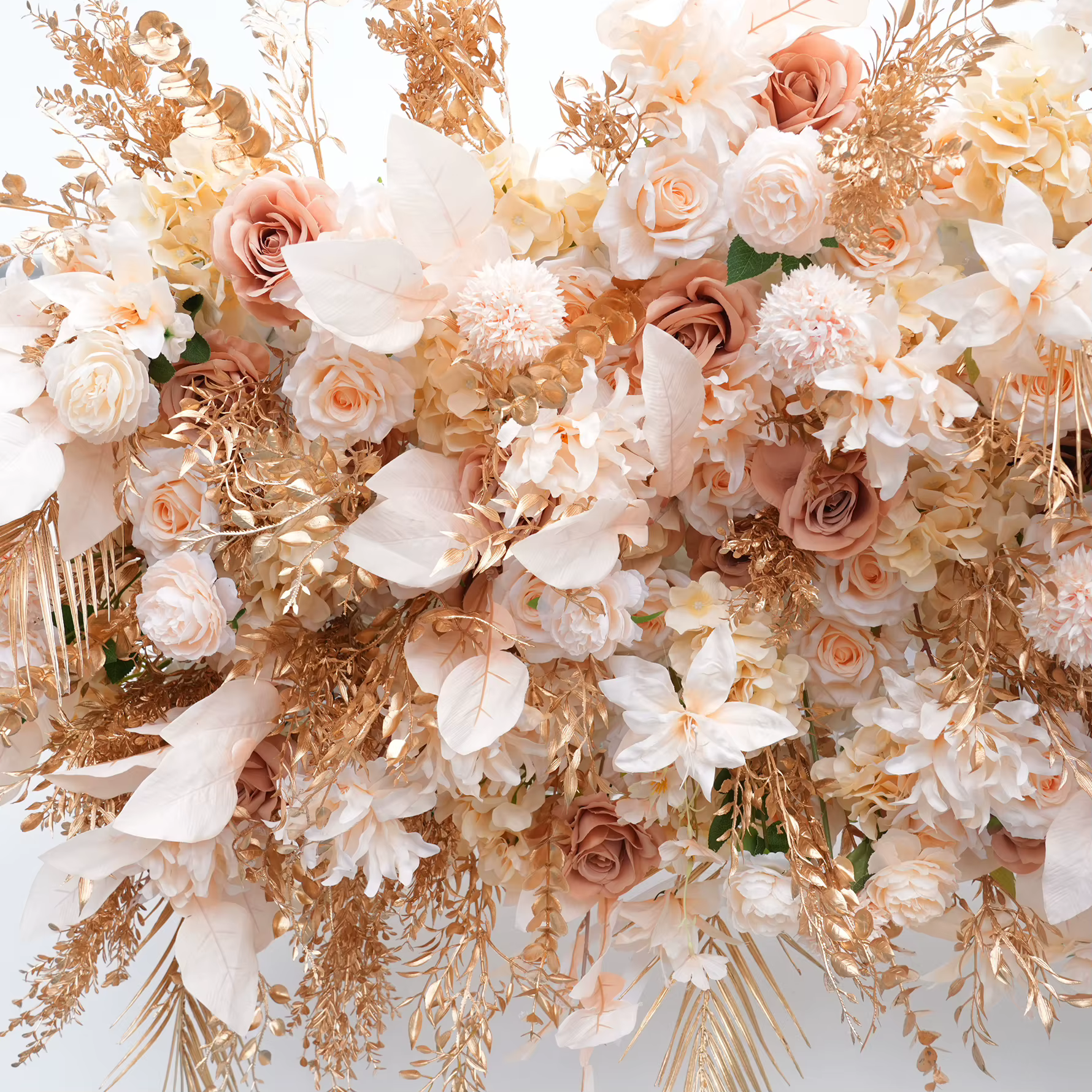 A9027 Angela fleur artificielle Champagne feuilles d'or Base en tissu Arrangement Floral en plein air mariage toile de fond arc décor accessoires