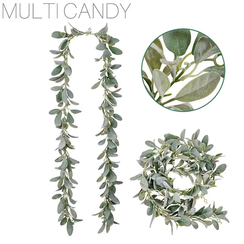 Guirlande artificielle ABKJ-5X en fausse vigne floquée effet oreilles d'agneau – 2 mètres de verdure et feuillage doux pour la décoration de cheminée de style campagnard