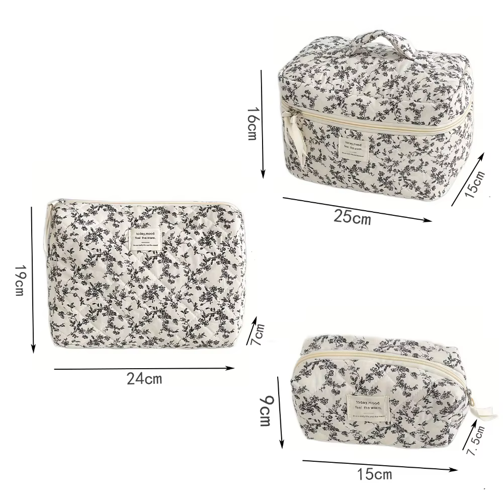 Sacs de courtepointe à fleurs noires pour femmes, sac à main de voyage, pochette fourre-tout à fermeture éclair portable, évaluation cosmétique, stockage de maquillage, poudres, mode Ins