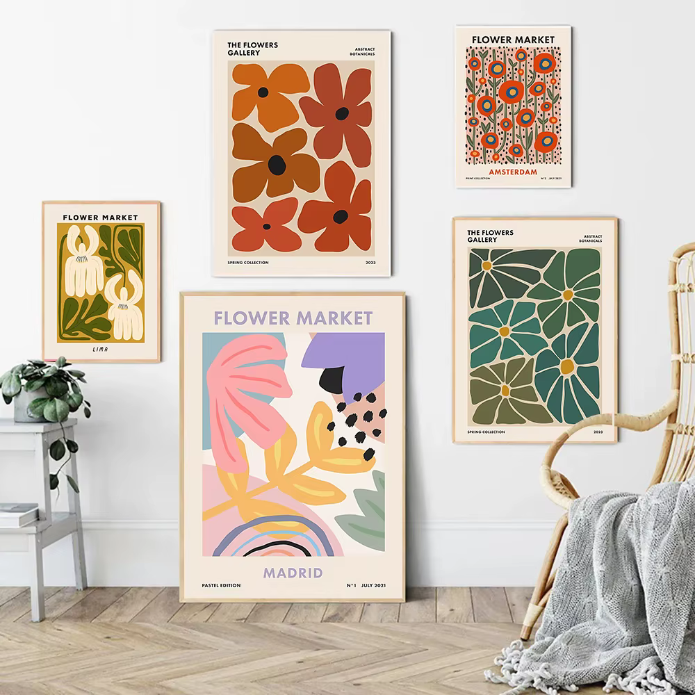 Affiche abstraite colorée rétro du marché des fleurs d'amsterdam