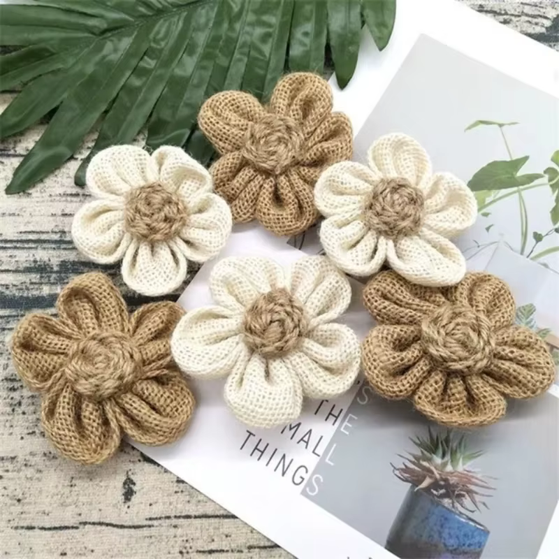 Toile de Jute naturelle faite à la main, fleur de souffle, fournitures artisanales de bricolage, faveur Vintage rustique, décoration de fête de noël et de mariage, 10 pièces