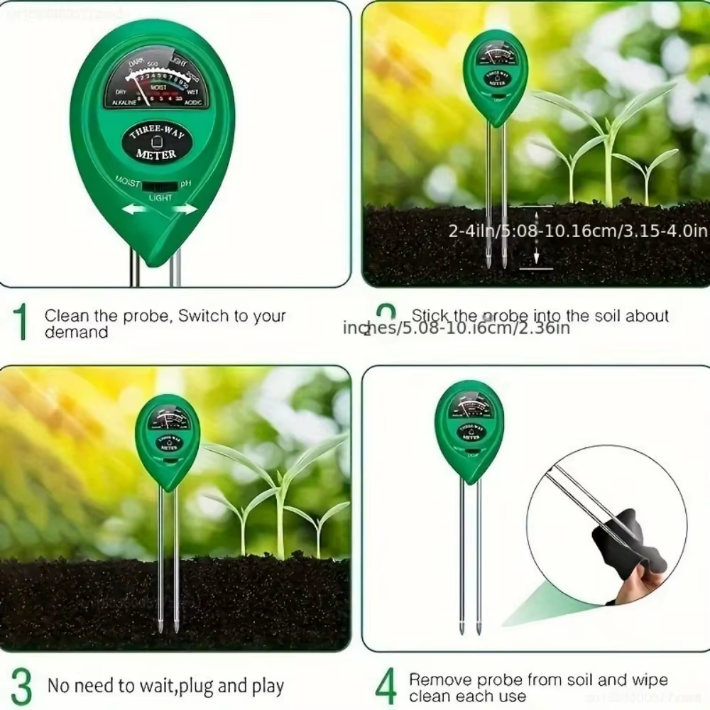 Testeur de sol 3-en-1 : humidité, luminosité et pH – Outil de mesure de l'acidité de l'eau pour plantes de jardin, fleurs et plantes en pot