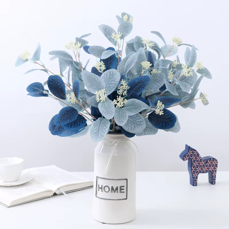 Fleurs artificielles feuilles d'eucalyptus branche fausse plante décoration pour mariage maison Arrangement floral bleu