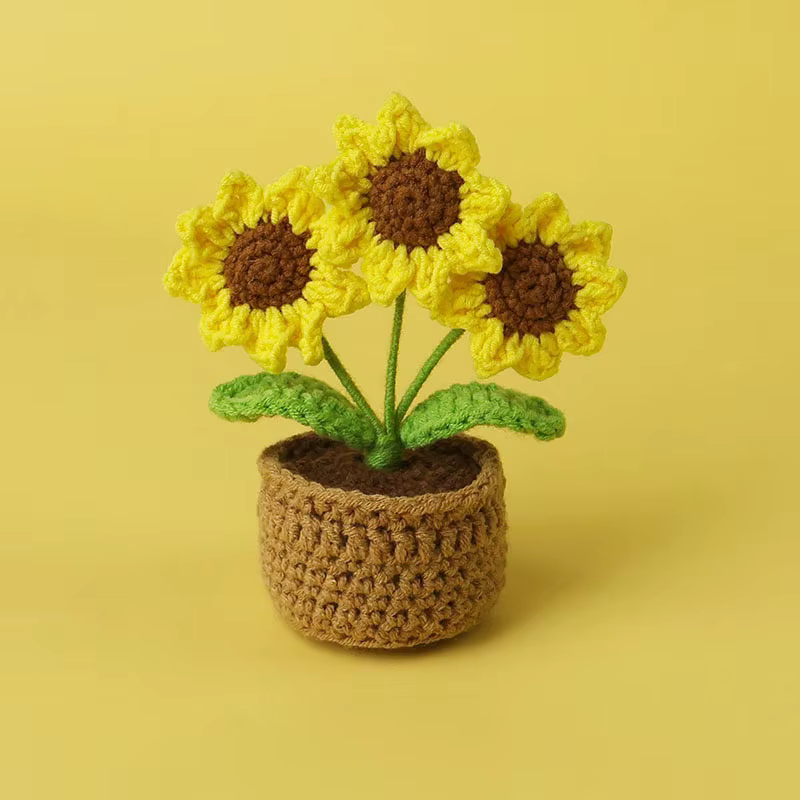 Kawaii Crochet tournesols tricot Pot de fleur Finnshed plante faite à la main voiture Table décor faux tournesol Flores
