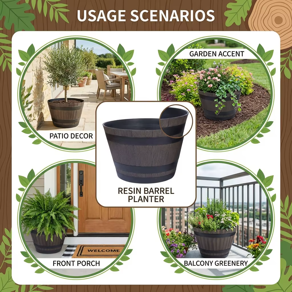 Grand pot de fleurs décoratif en résine en forme de baril en bois pour intérieur