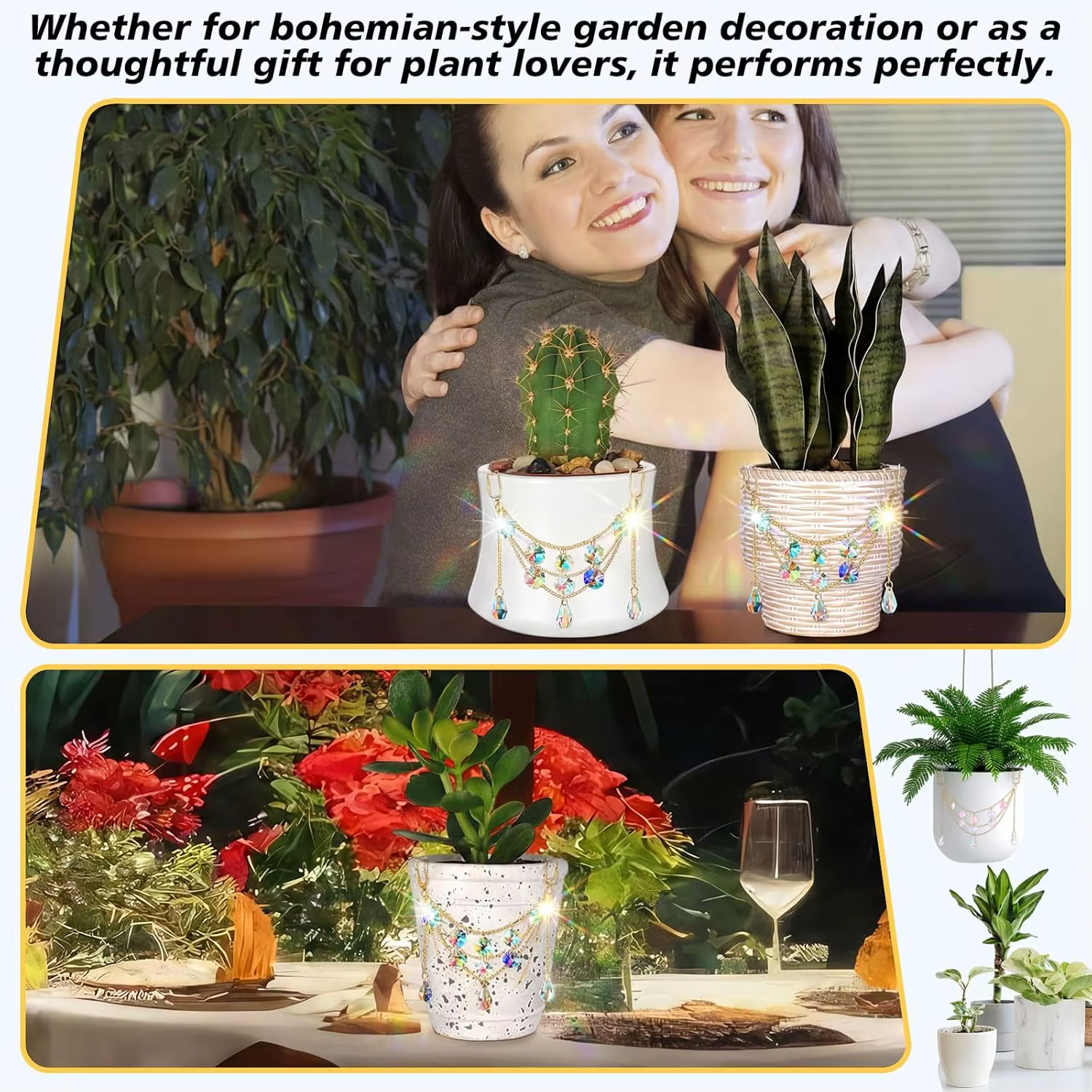 Support de plante attrape-soleil avec perles et cristaux de verre
