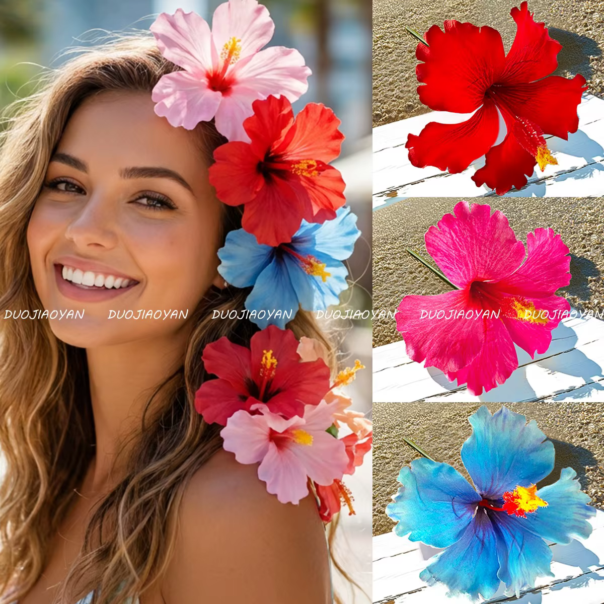 Pince à cheveux fleur d'hibiscus, barrette florale tropicale hawaïenne, accessoires de cheveux bohèmes pour femmes, pour l'été, la plage, les vacances, les mariages
