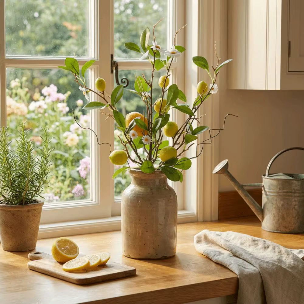 Branche de citron artificielle en plastique avec fleurs