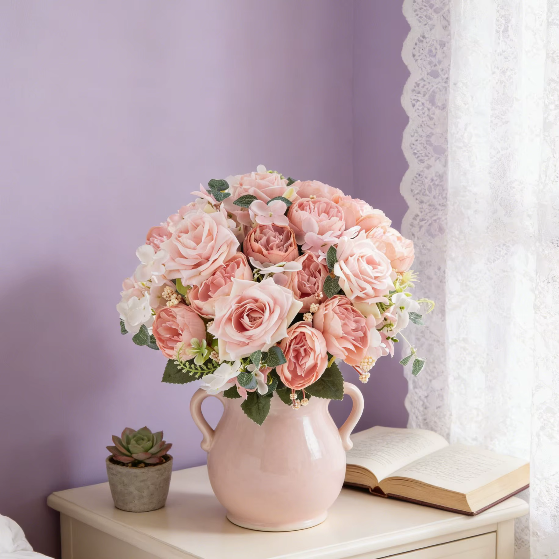 Fleurs Artificielles en Soie Hydrangea Rose pour Mariage Jardin Cour Bouquet de Mariée Décoration de Festival Vase Maison Chambre Table Élégant Cadeaux DIY