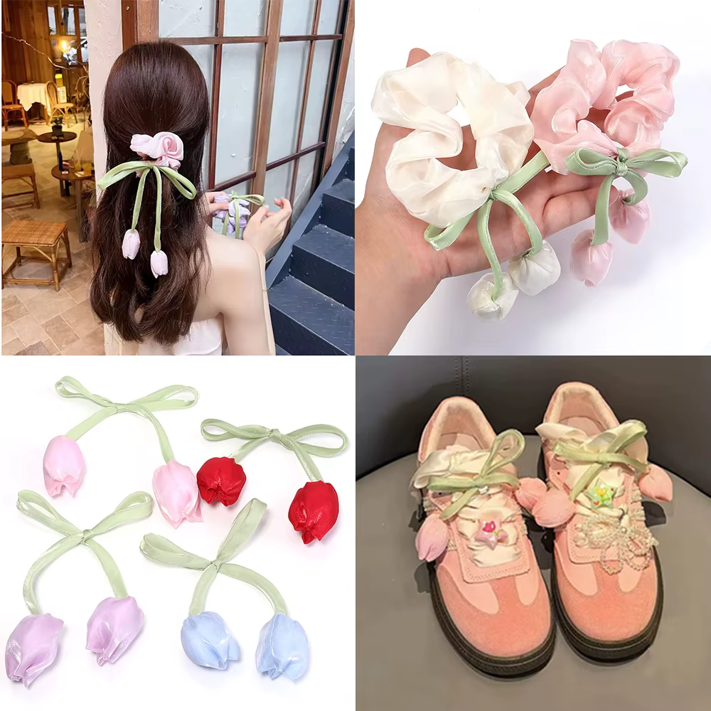 Lot de 5 fleurs décoratives 3D en forme de tulipe avec nœud