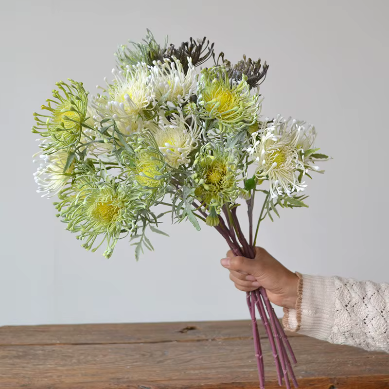 Fleurs artificielles de Leucospermum floquées pour la décoration de mariage flores artificiales fausse fleur en