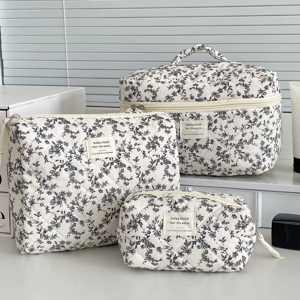Sacs de courtepointe à fleurs noires pour femmes, sac à main de voyage, pochette fourre-tout à fermeture éclair portable, évaluation cosmétique, stockage de maquillage, poudres, mode Ins