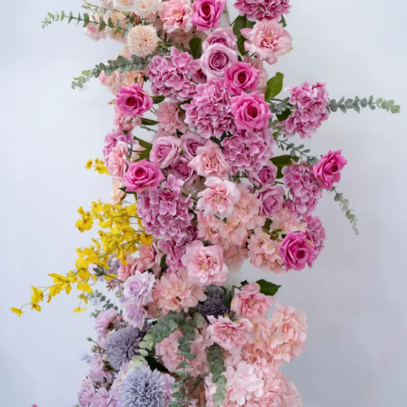 Violet Rose Hortensia Delphinium fleur rangée mariage toile de fond corne arc décor Arrangement Floral fenêtre affichage accessoires A8270