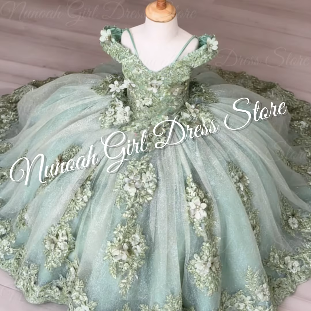 Robes vertes pour filles, pour mariage, avec appliques en dentelle florale, robes de fête d'anniversaire pour filles, robes de communion personnalisées