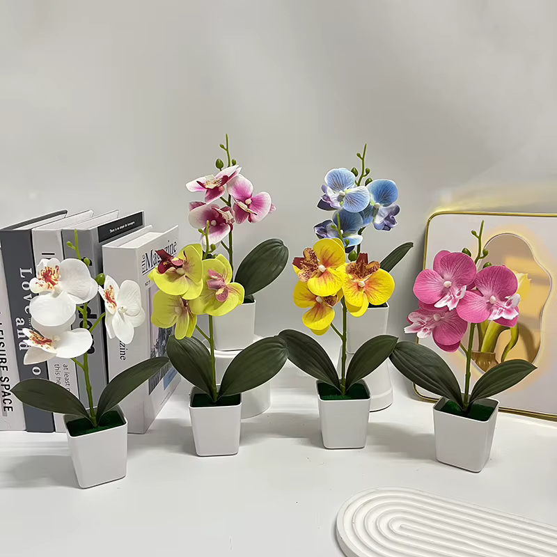 Nouvelle Décoration Florale Artificielle en Pot de Céramique avec Trois Orchidées Papillon pour Café