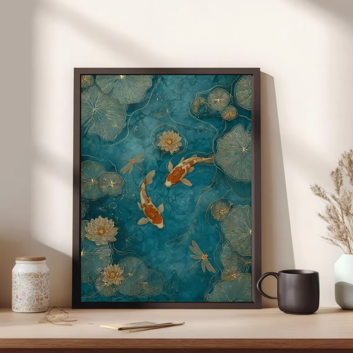 Art mural élégant avec poissons koï – Décoration de bassin vert émeraude