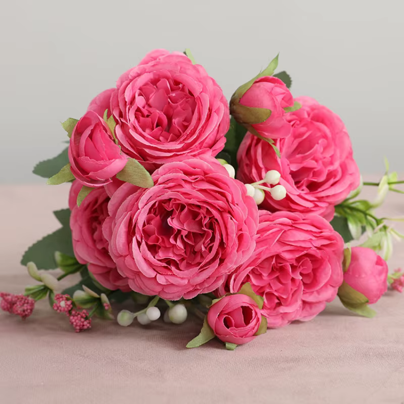 Vente chaude 1 pièces/30 cm Rose Bouquet de soie pivoine fleur artificielle 5 grosse tête 4 petit bourgeon mariée mariage décoration de la maison Artifi