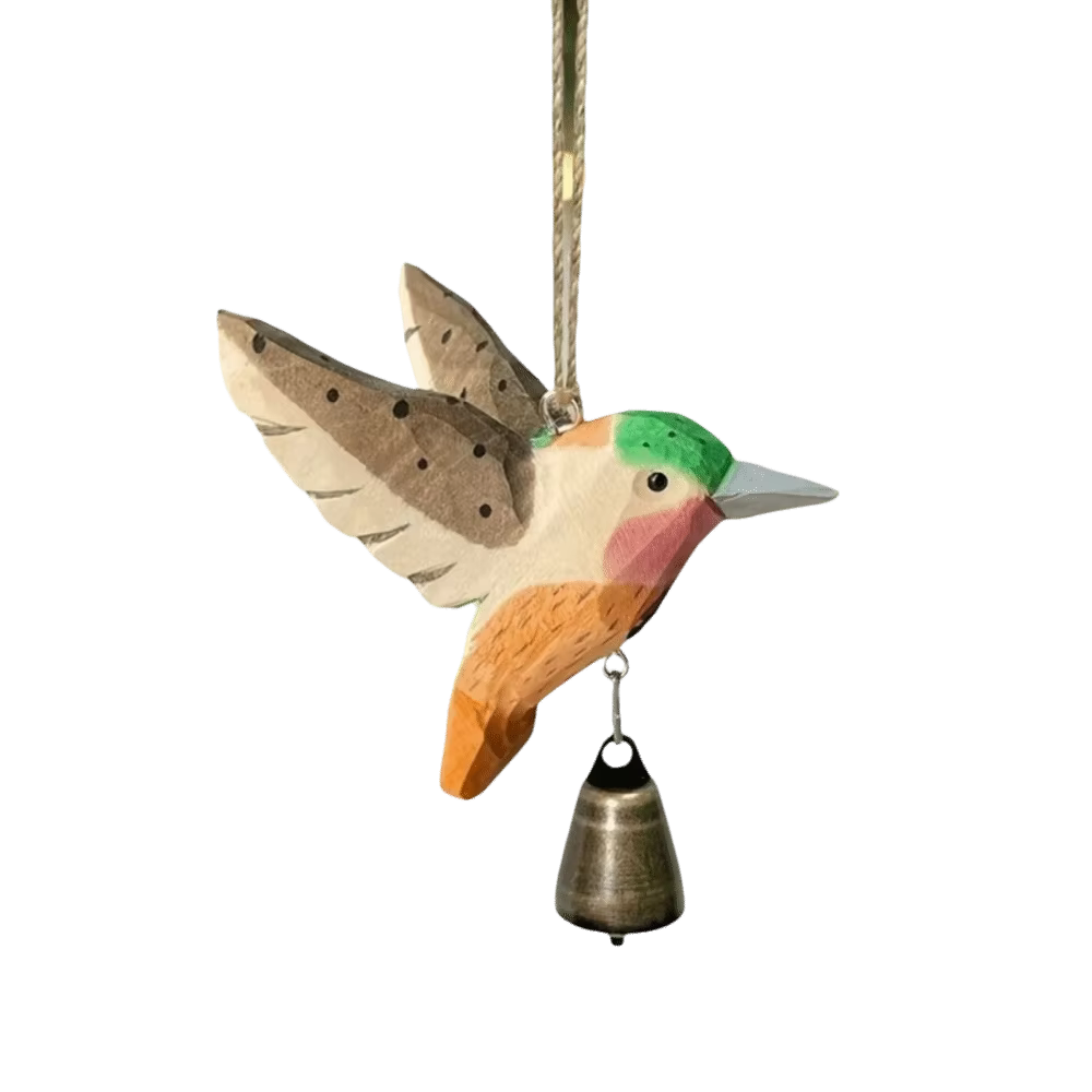 Figurine d'oiseau colibri sculptée à la main en bois avec clochette