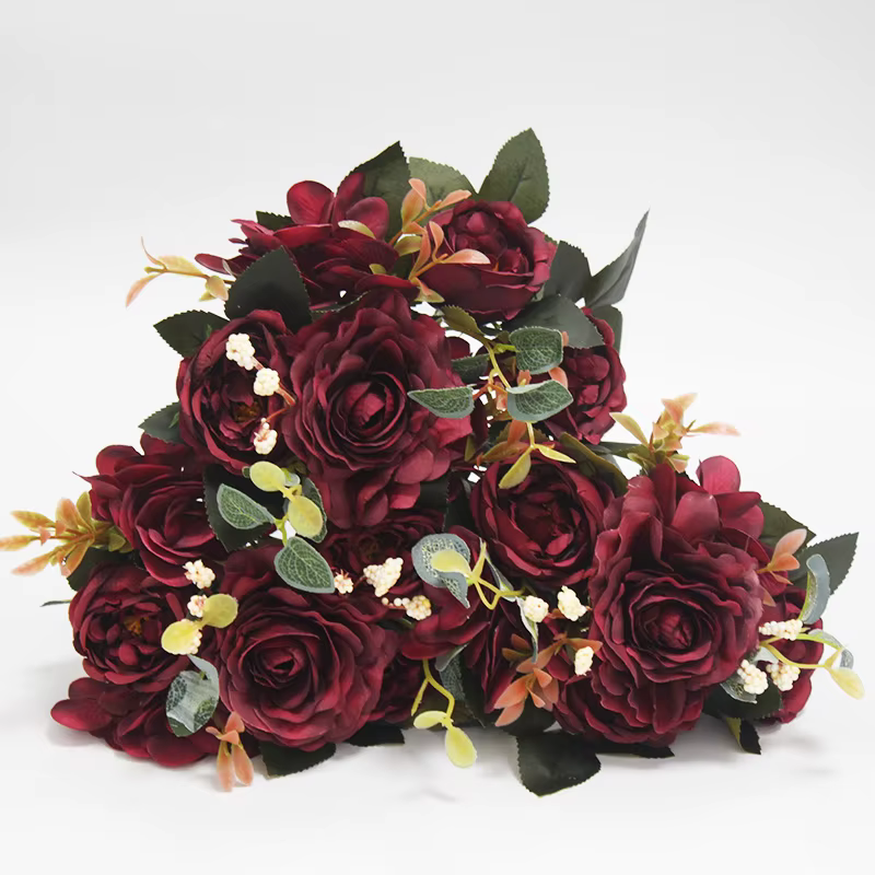 Pivoines bordeaux fleurs artificielles 2 pièces Rose hortensia Vintage fausses