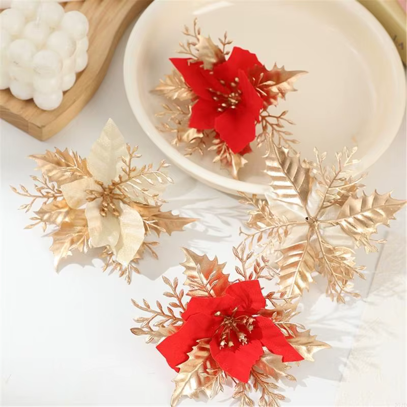 Poinsettia Flower Arbre Noël Décoration Fleur artificielle pour fête vacances 37JD