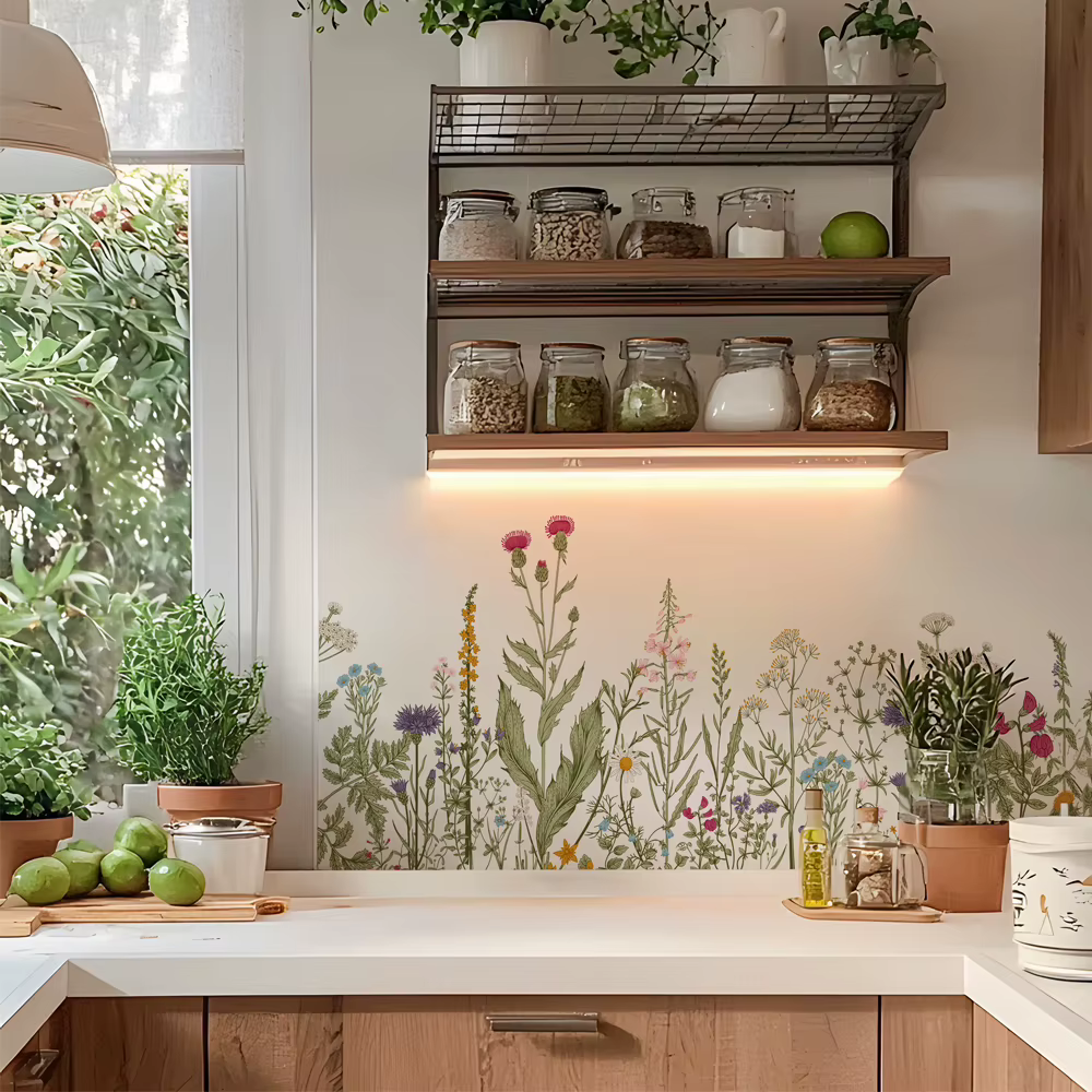 Autocollants muraux de fleurs sauvages pour dosseret de cuisine