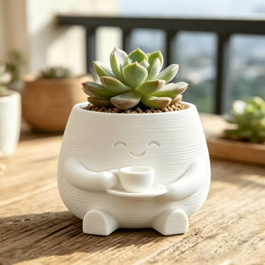 1PC Pot de fleurs succulentes en forme de tasse à café avec figurine souriante imprimée en 3D