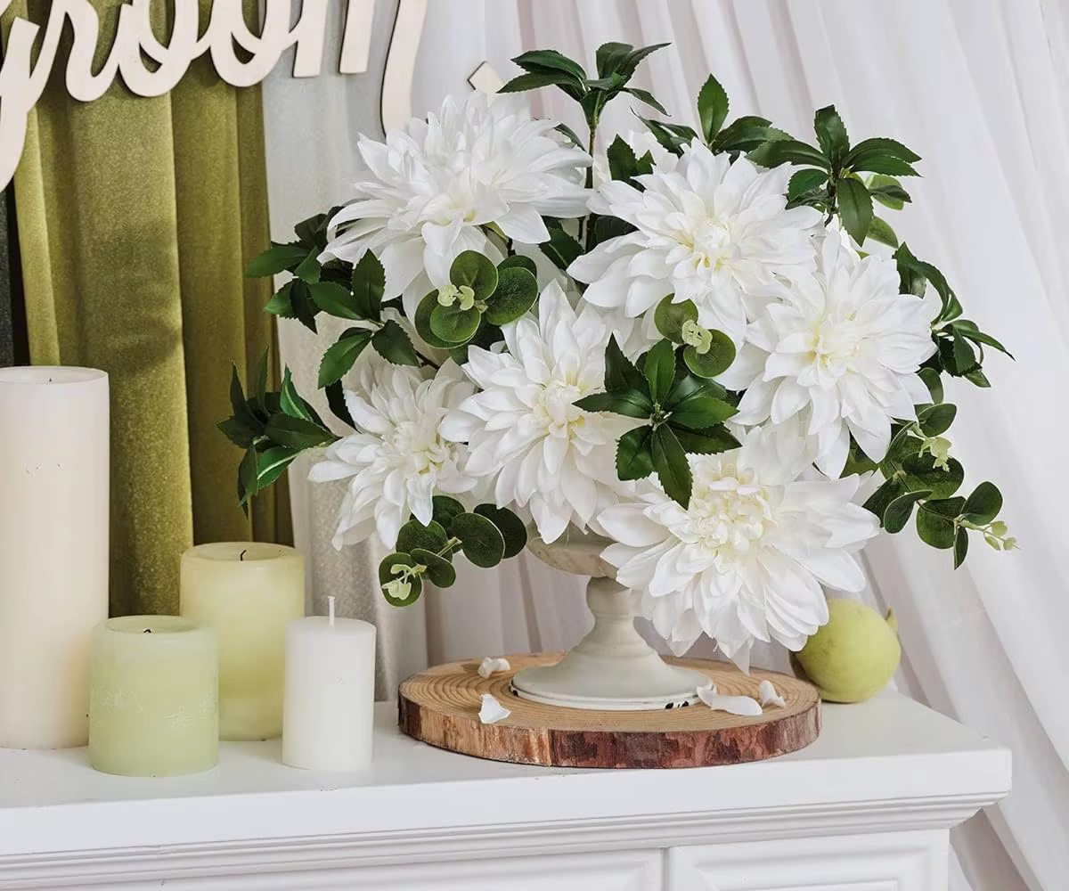 Yannew 20 pièces fleurs de Dahlia artificielles bleu poussiéreux avec tige boîte combinée pour bricolage fête de mariage Arrangement Floral pièce maîtresse décor