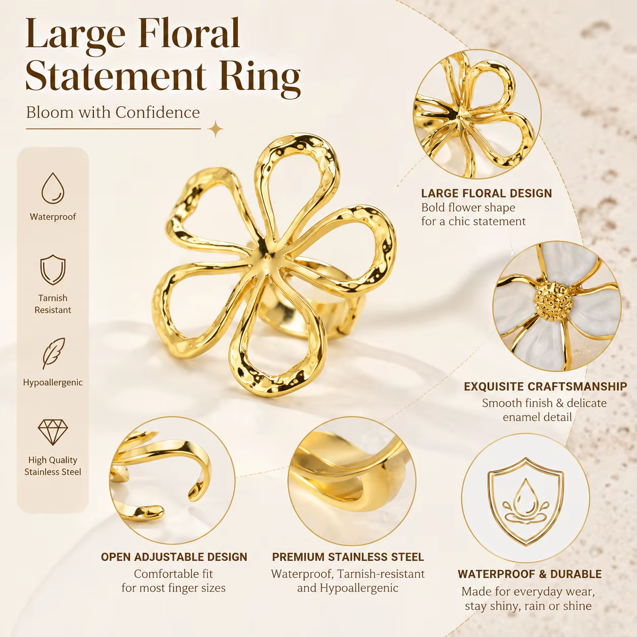 Bagues fleuries, style vintage français, plaqué or 18 carats, grande bague florale ajourée, bijou esthétique ouvert et ajustable pour femme