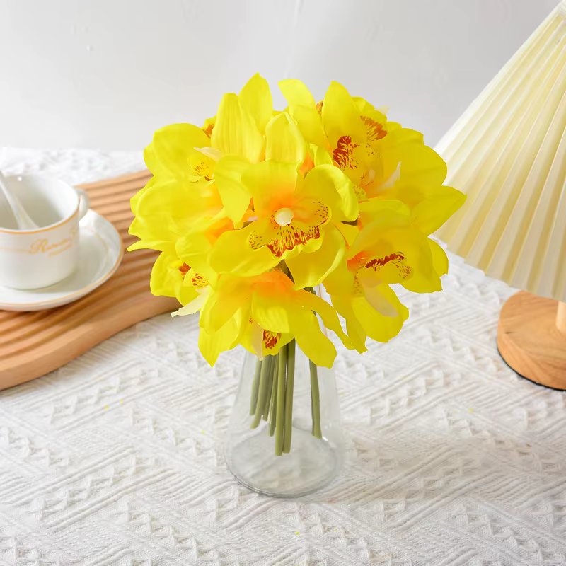 YO CHO Bouquet de fleurs d'orchidées artificielles 6 têtes en Latex Real Touch Cymbidium Flower DIY