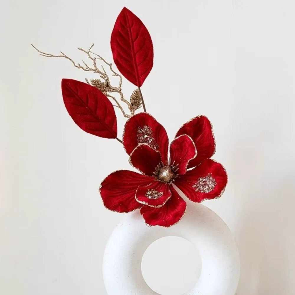 Paillettes fleur de noël artificielle rouge or flocage Poinsettia