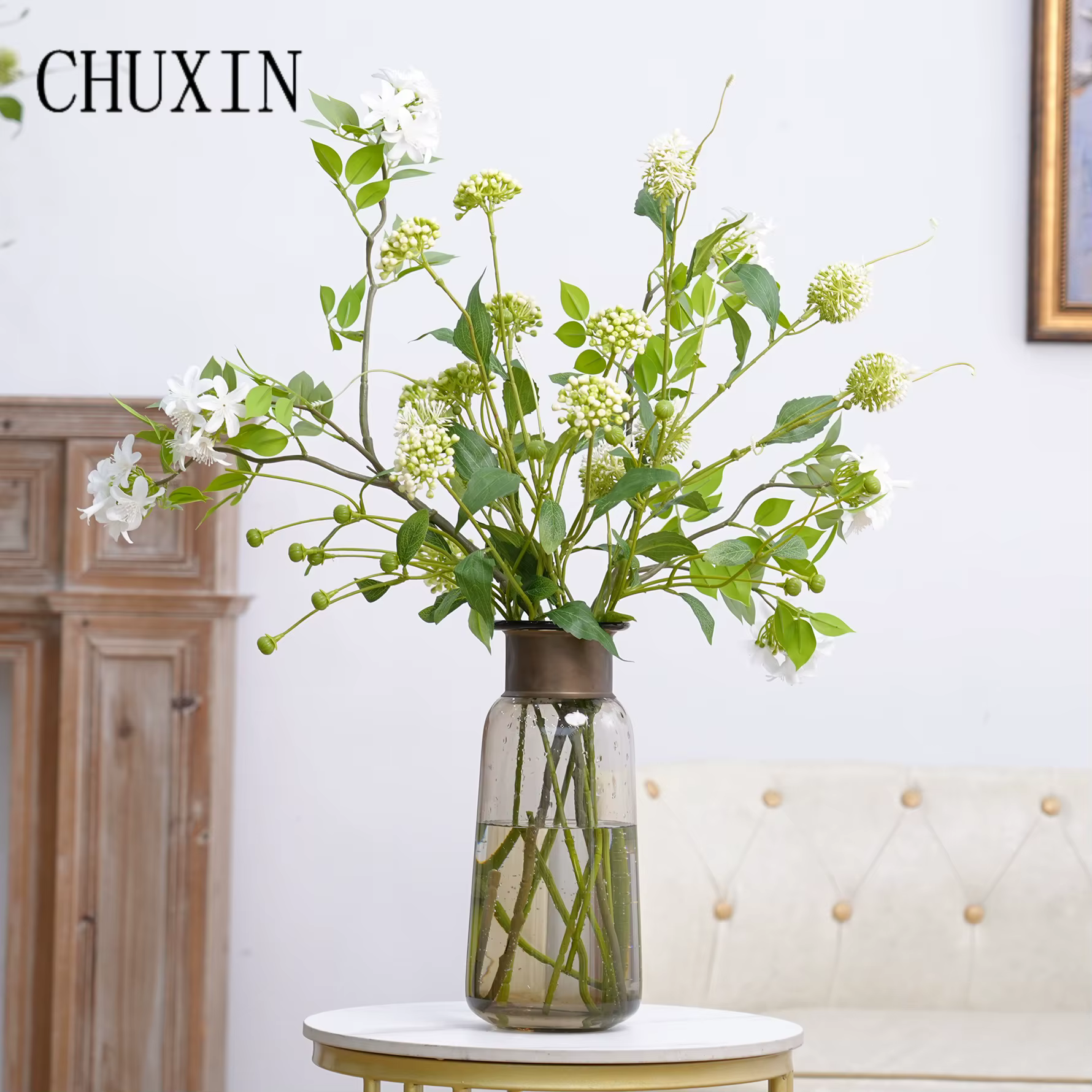 C1015 Plante Artificielle Branche de Chrysanthème Vert Fleur Blanche Arrangement Floral Mariage Décoration de Table Maison Accessoires de Photographie
