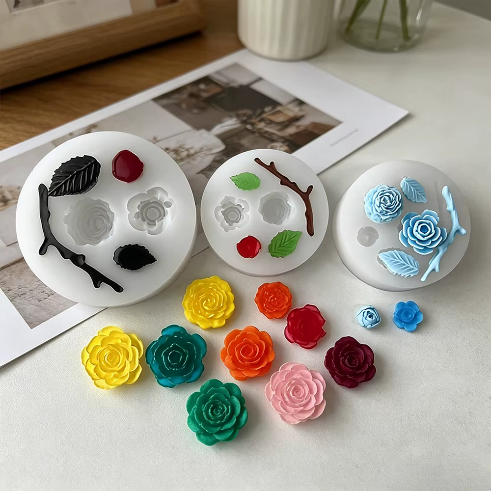 Moule en résine pour mini-fleurs en forme de rose avec feuilles