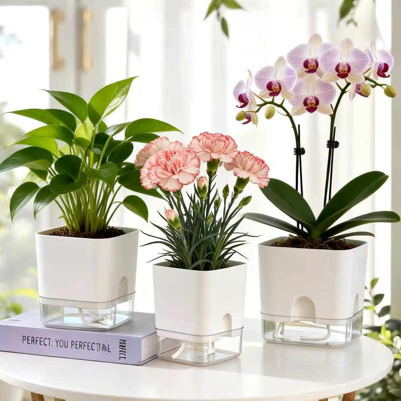 ▪ Pot de fleurs auto-arrosant blanc carré à double couche pour plantes d'intérieur et d'extérieur, balcon, jardin, décoration