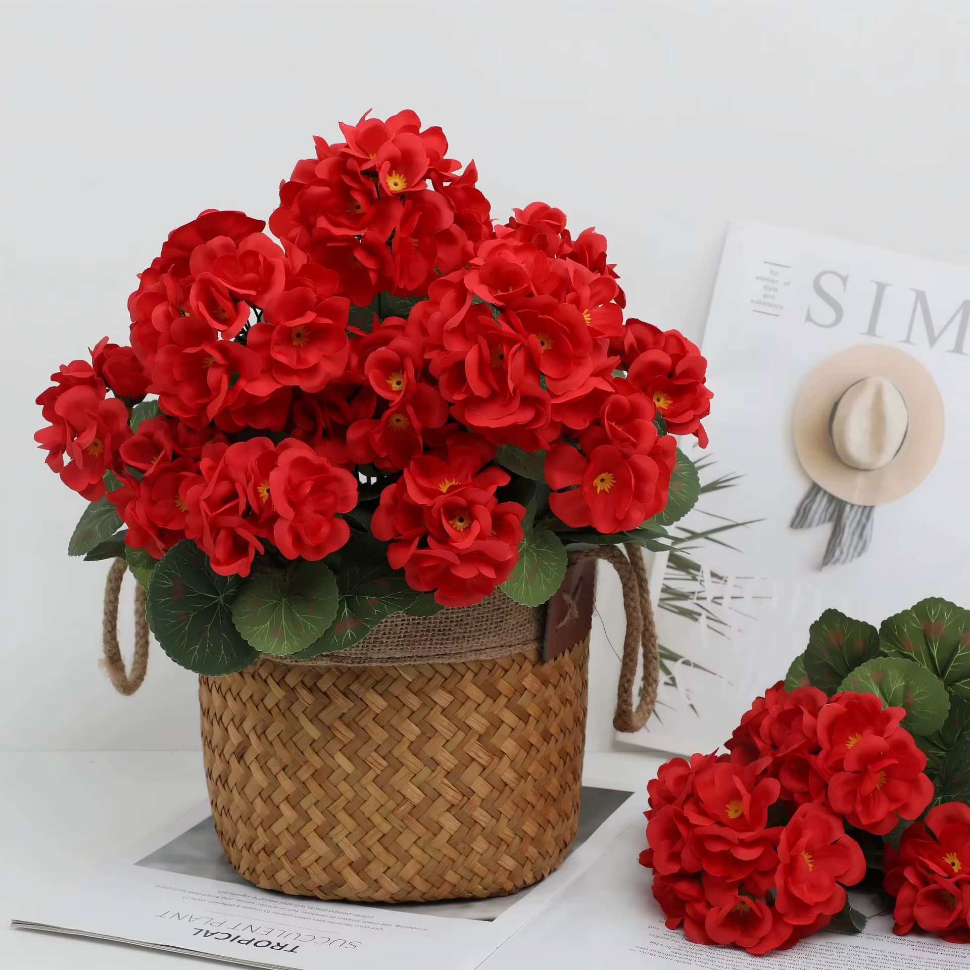 Fleurs Artificielles Plante de Bégonia Décoration Maison Jardin Extérieur Bonsaï Mariage Fête Bouquet de Mariée Cadeaux DIY Couronne de Festival Vase