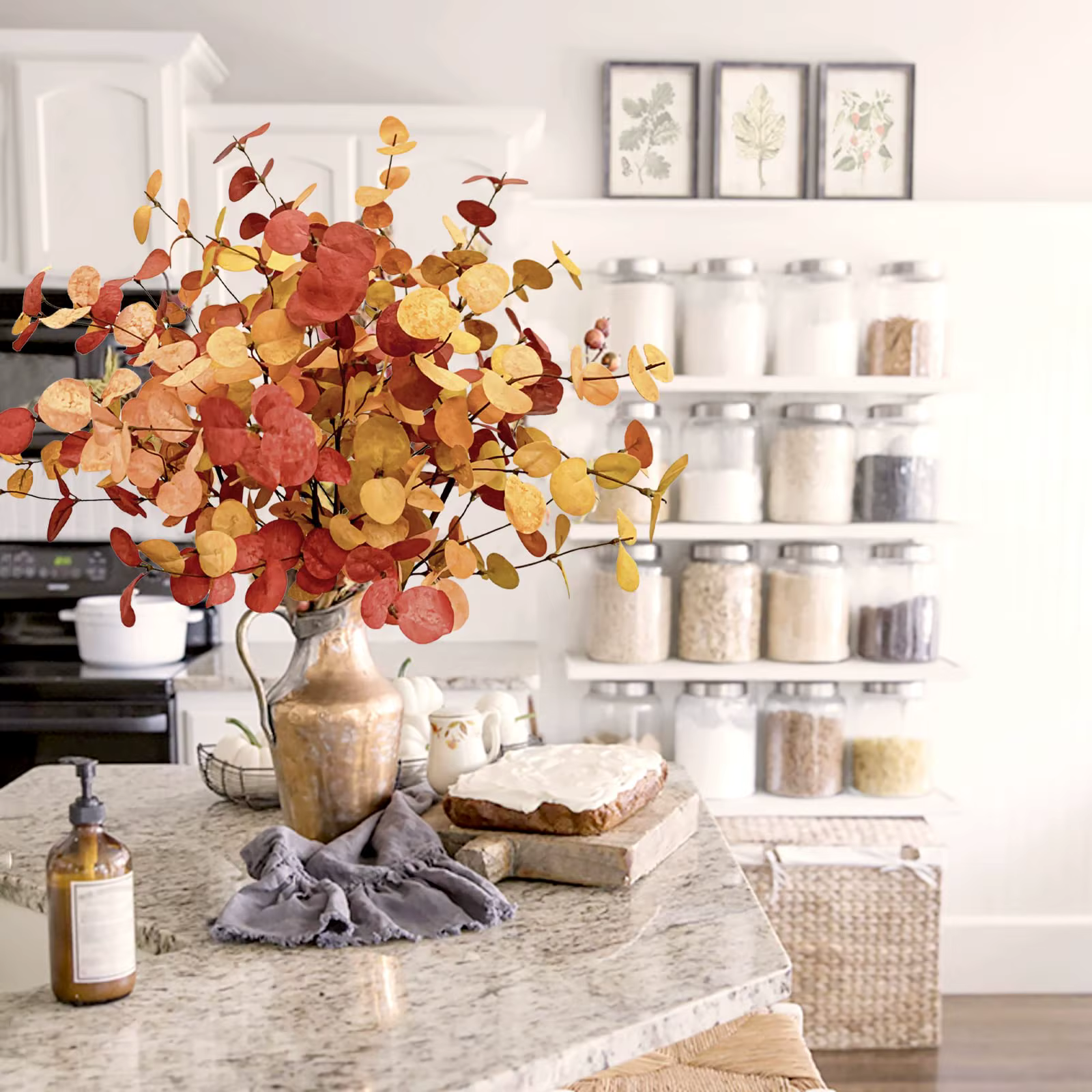 Plantes artificielles d'eucalyptus d'automne, 2 pièces, feuilles, fausses fleurs, Branches pour la maison, fête de Thanksgiving, décoration d'automne
