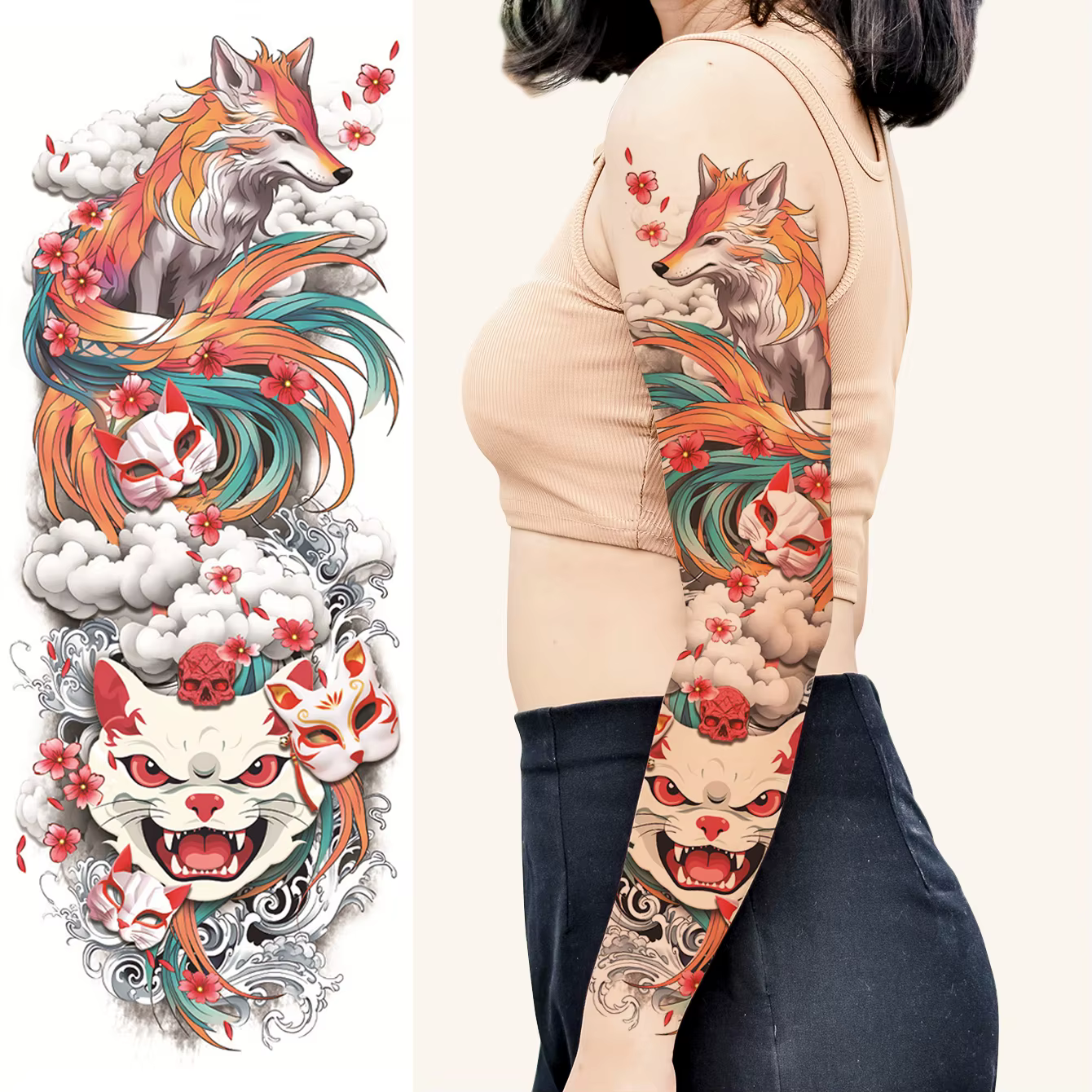 Autocollant de tatouage temporaire imperméable, bras complet, grande taille, renard, chat, fleur, flamant rose, papillon, faux tatouage Flash pour filles et femmes