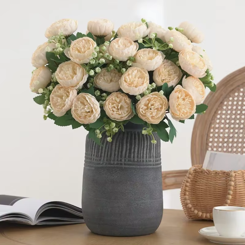Fleurs artificielles d'aloès vert, 7 têtes, peinture à l'huile, Bouquet de pivoines, fausses fleurs en soie, Simulation de pivoines Orange, décoration de mariage