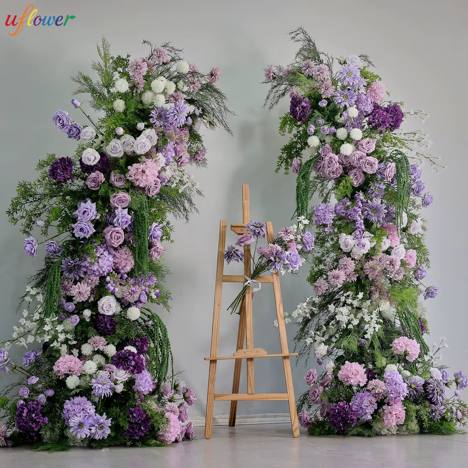 Uflower violet Rose hortensia plantes vertes toile de fond de mariage corne arc décor Arrangement événement accessoire fleur support fenêtre affichage ﻿