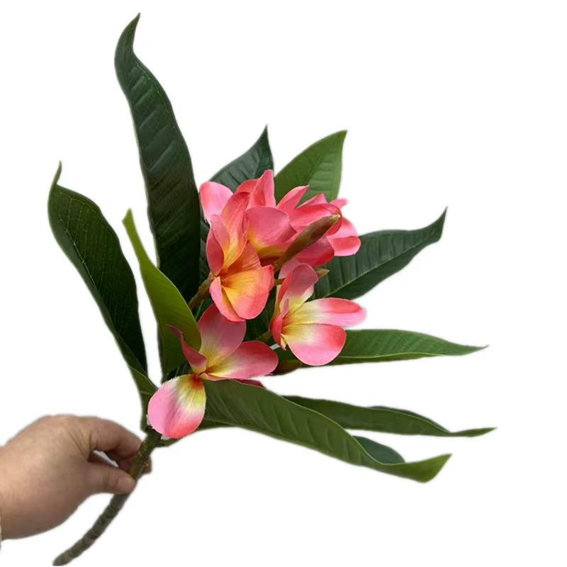 One Plumeria Rubra artificielle avec feuilles vertes au toucher réel
