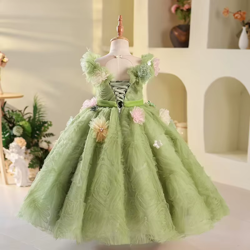 Robe de princesse à fleurs vertes pour enfants, robes d'été élégantes pour fête d'anniversaire, Costumes à fleurs pour filles, robe formelle pour enfants