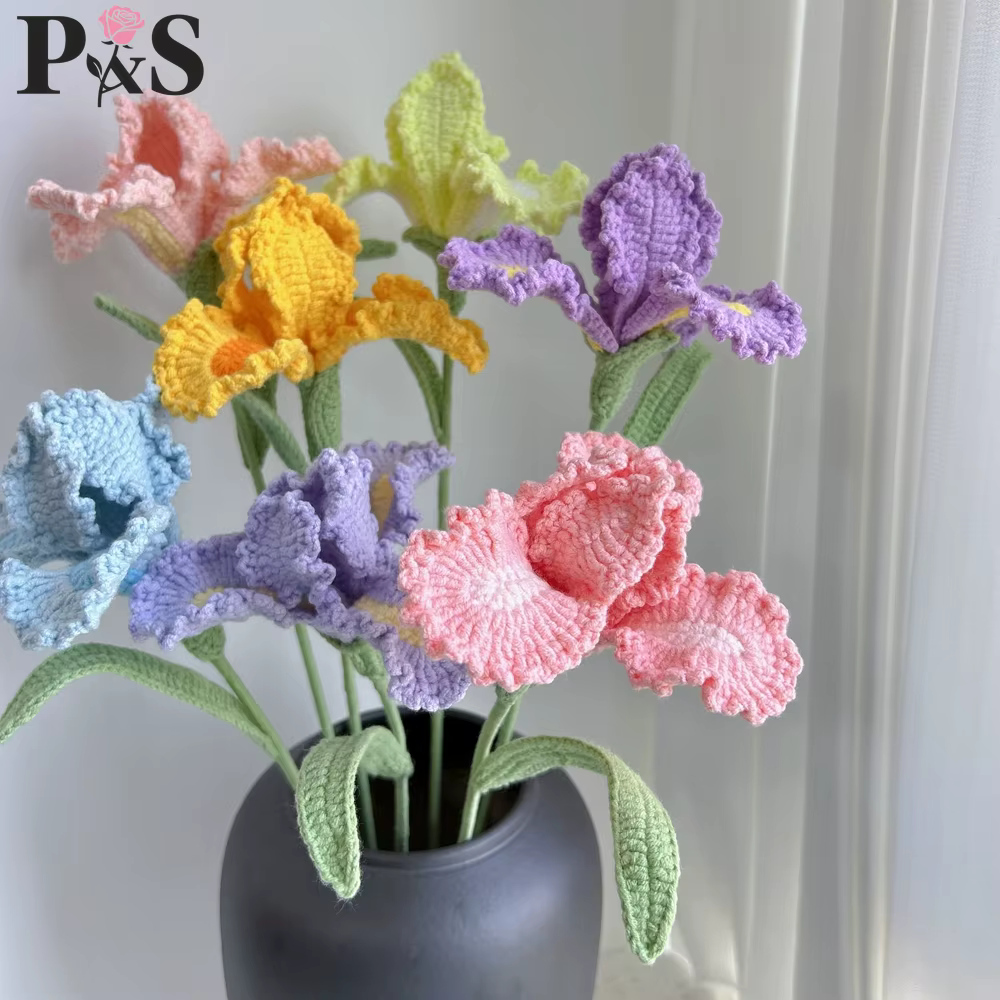 Iris Crochet fleurs fait à la main rose violet bleu tricoté fini