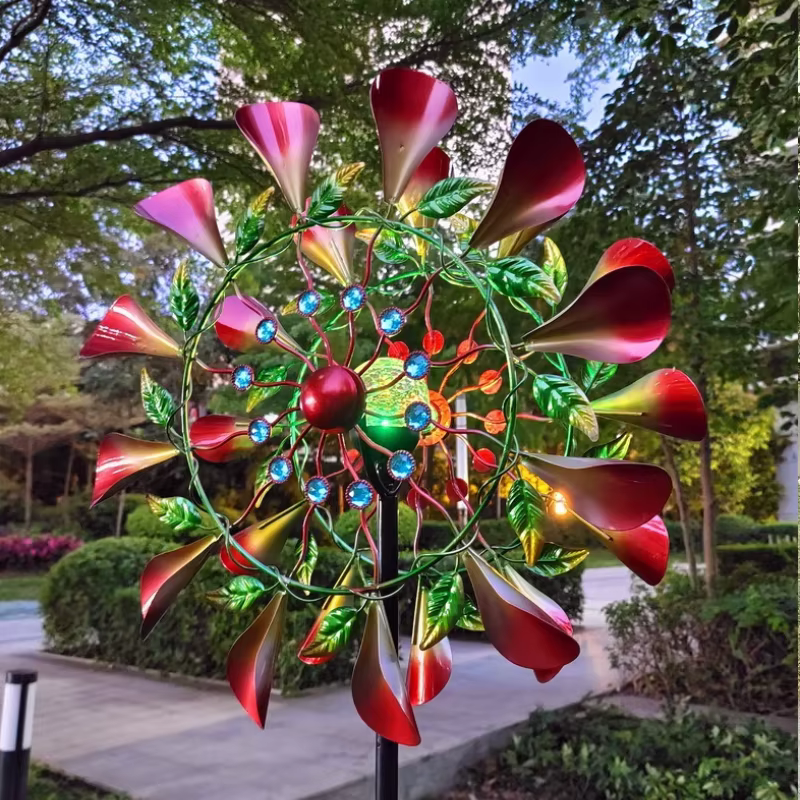 Moulin à vent à fleurs trompette Double face, avec lumière solaire rotative en fer, décor de jardin, Pinwheel extérieur, piquets de paysage, ornements