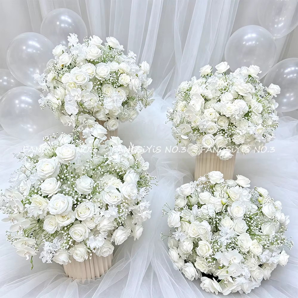Boule de fleurs artificielles 70 cm (hortensia et rose) pour allée de mariage
