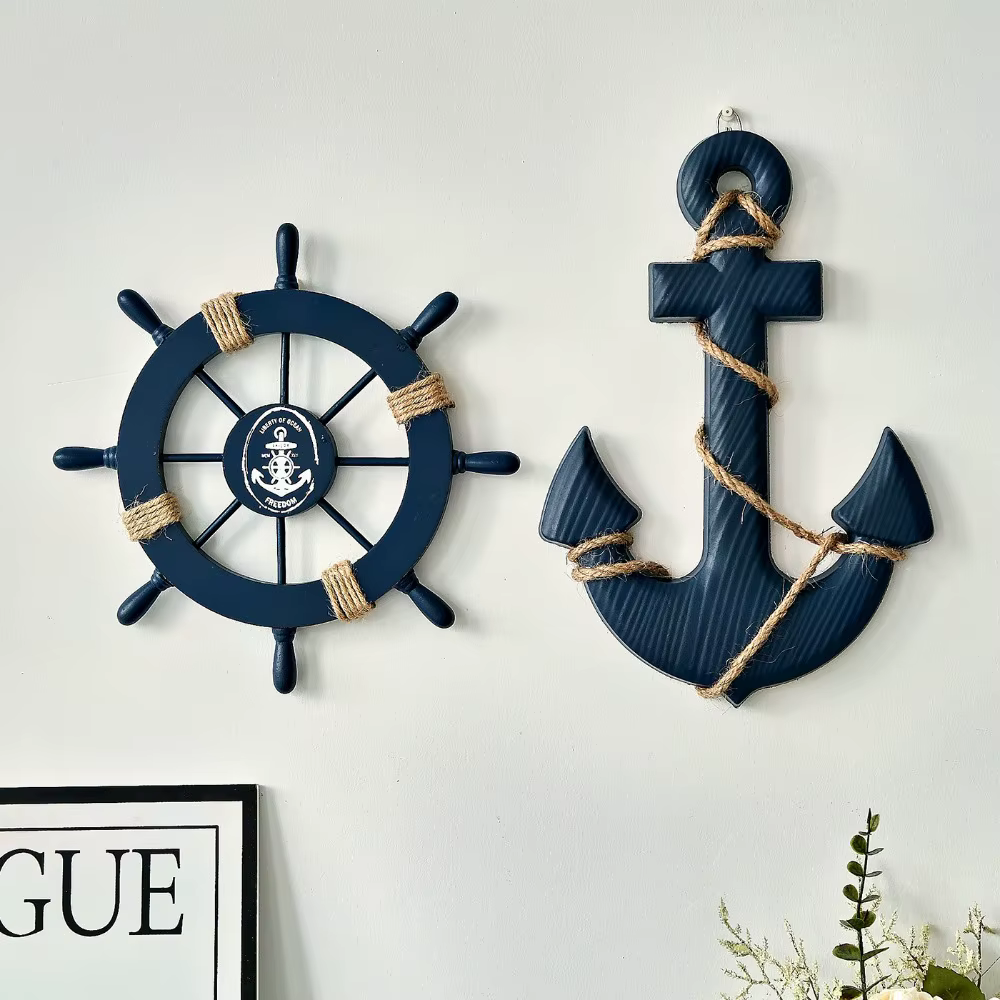 Lot de 2 gouvernails et ancre de bateau en bois nautique avec corde