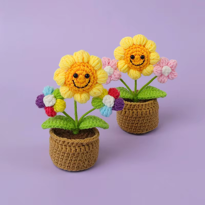 Kawaii Crochet tournesols tricot Pot de fleur Finnshed plante faite à la main voiture Table décor faux tournesol Flores
