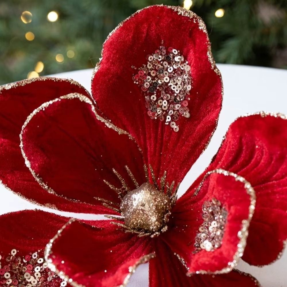 Paillettes fleur de noël artificielle rouge or flocage Poinsettia