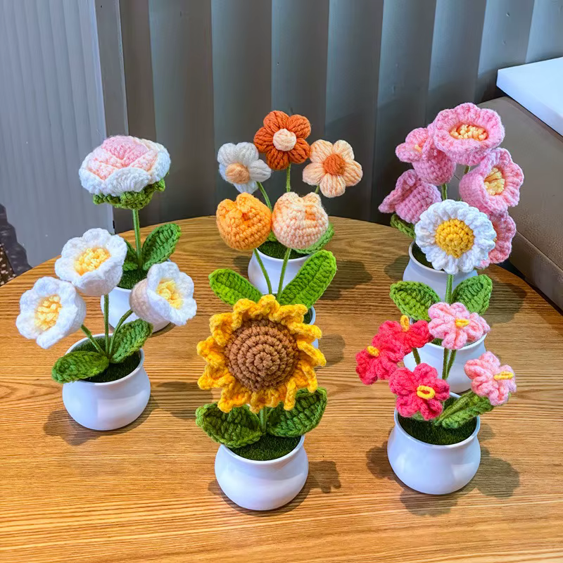Bricolage Mini fleur de Rose en pot tissé à la main Flores artificielles bureau ornemental plante en pot fil de laine décor à la maison