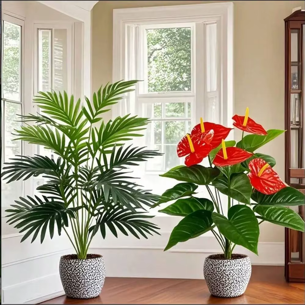 Grands plantes de palmier artificielles et feuilles de Cycads vertes Anthurium