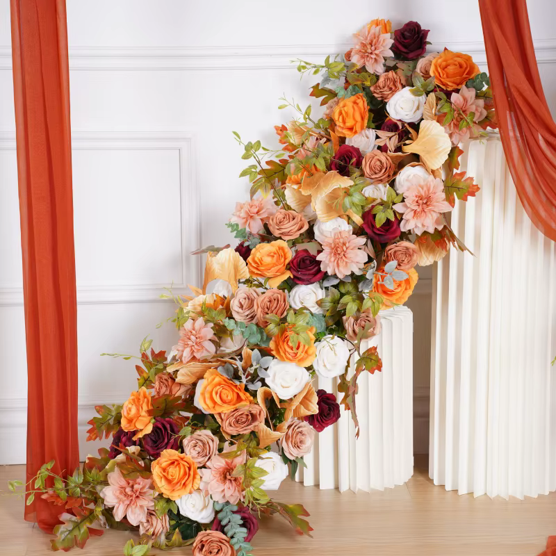 Automne Orange Rose Dahlia feuilles d'érable Arrangement de rangées florales toile de fond de mariage cadre en arc décor fête événement scène support de fleurs